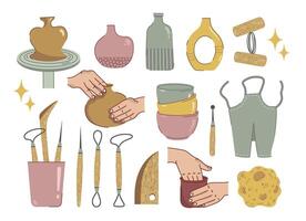 Pottery icon set. Artist sculpts from clay. Craft tools, sponge, ceramic vases and dishes, apron. Hands form a mug, clay cutting wire. Instruments for workshop modeling. Hobby elements bundle vector