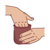 Hands sculpting a jug from clay icon. Pottery, an artist forms a ceramic mug. Master class, hobby, the process of modeling. Arms are shaping a sculpture. Flat color illustration, isolated art vector