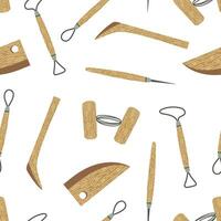 Pottery tools, seamless pattern. Double ended instrument with a metal loop, rib tool, clay cutting wire. Equipment for homemade sculpture, ceramic, modeling, shaping. Hobby craft background vector