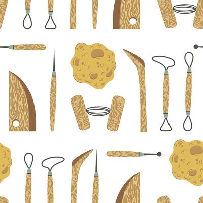 Wooden pottery tools, seamless pattern. Double ended instrument, rib tool, clay cutting wire, soft sponge. Equipment for homemade sculpture, ceramic, molding, shaping. Hobby craft ornament