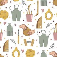 Pottery seamless pattern. Artist sculpts from clay. Craft tools, sponge, ceramic vases, apron. Hands form a jug, clay cutting wire. Instruments for homemade modeling, shaping. Hobby background vector