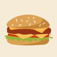 Burger with beef patty, cheese, lettuce, and tomato in a sesame bun. Simple flat design. Suitable for street food, fast food, and menu decorations designs vector