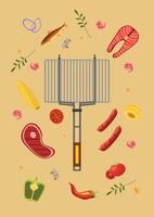 Grill grate with meat, fish, vegetables, and herbs arranged around it. Includes steak, sausages, corn, and chili. Suitable for BBQ, picnic or food related designs. vector