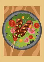 Salad with grilled meat kebab, shrimp, tomato, onion and avocado. Served on a plate with wooden background. Suitable for food menu, recipe, lunch ideas or nutrition content vector