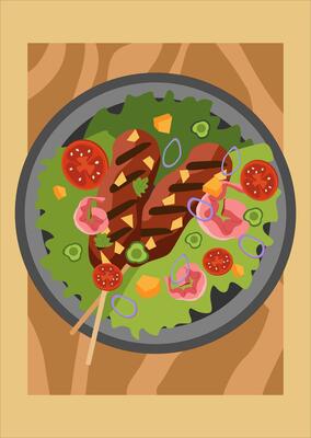 Salad with grilled meat kebab, shrimp, tomato, onion and avocado. Served on a plate with wooden background. Suitable for food menu, recipe, lunch ideas or nutrition content