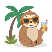 Sloth under palm with sunglasses and glass of juice. Smiling and relaxing in a tropical setting. Perfect for summer, vacation, or kids designs. vector
