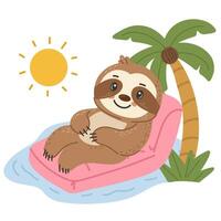 Sloth on pink pool float under sun. Palm trees and water. For summer designs and kids content. vector