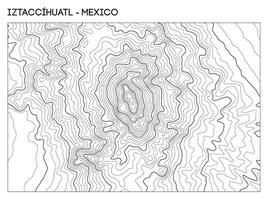 Topographic contour map of Iztaccihuatl volcano in Mexico showing layered elevation and volcanic relief. Contour lines terrain background. vector