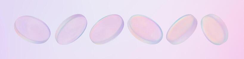 3D holographic glass coin icons floating on soft pink and purple gradient background. Chrome badge with round disk in blue and pink. Transparent currency symbol shines in a realistic techno design. vector