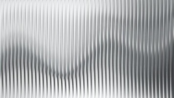 Corrugated metal texture with ribbed glass background and steel sheet pattern. Abstract window in silver and white 3D with fluted panel stripes. Premium wall ripple with blur, gradient light.