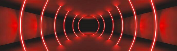 Red neon casino background. Red light neon tunnel. Led line laser stage 3d bg. Dark party room with black podium perspective. Geometric glow tech tunnel. Club gamer design with energy effect. vector