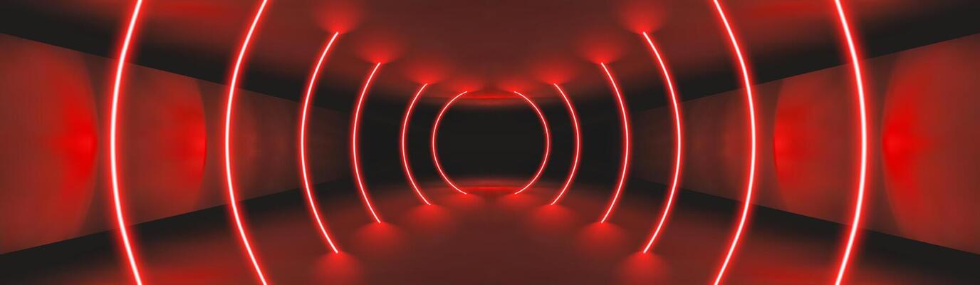 Red neon casino background. Red light neon tunnel. Led line laser stage 3d bg. Dark party room with black podium perspective. Geometric glow tech tunnel. Club gamer design with energy effect.