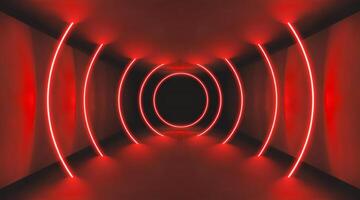 Abstract casino red background with neon light and black stage. 3D LED concentric laser lines glowing podium. Dark tech tunnel design shows dynamic digital spotlight in studio. vector