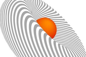 Abstract optical illusion with wavy gray lines and vibrant orange sun on a white background. Futuristic geometric design with surreal depth effect, flowing curves, and modern minimalism. vector