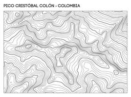 Topographic contour map of Pico Cristobal Colon mountain in Colombia showing complex elevation and ridgeline structure. Contour lines terrain background. vector