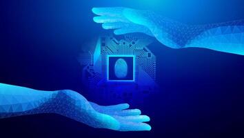 Biometric fingerprint scan protected by polygonal hands. Digital AI concept. Connect data for secure identity. Cyber circuit and chip graphics enhance futuristic tech security. vector