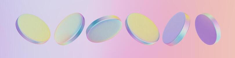 3d glass hologram coin icon, holographic badge on a podium. Neon chrome disk and crystal medal float on soft pastel gradient background. Transparent currency plate shows glossy translucent design. vector