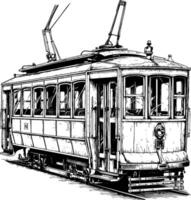 Vintage tram illustration with detailed structure and classic design in black and white vector