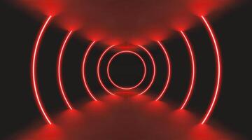 Red casino background with abstract stage and neon black light. Laser arrows and glowing lines form 3D LED concentric ring lights. Futuristic retro neon tunnel corridor. vector