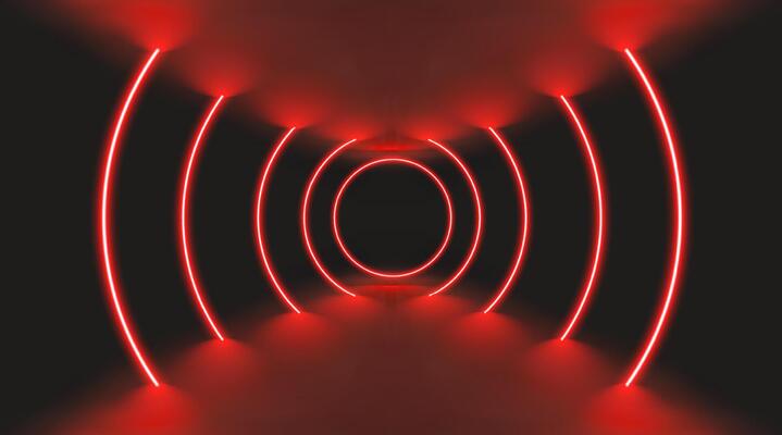 Red casino background with abstract stage and neon black light. Laser arrows and glowing lines form 3D LED concentric ring lights. Futuristic retro neon tunnel corridor.