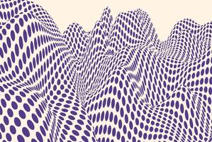 Abstract wavy landscape with bold purple polka dot pattern on a beige background, creating an optical illusion effect with depth and motion. Modern digital artwork featuring fluid shapes and a surreal vector