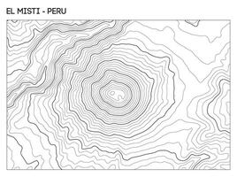 Topographic contour map of El Misti volcano in Peru showing central crater and symmetrical elevation contours. Contour lines terrain background. vector