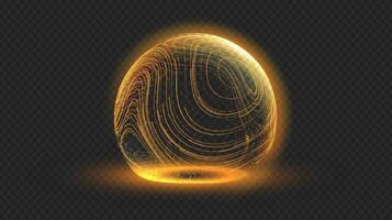Gold sphere shield in 3d dome effect with tech globe ball for protect secure bg. Abstract light pattern by planet energy and digital line connects global network. vector
