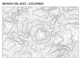 Topographic contour map of Nevado del Ruiz volcano in Colombia highlighting crater and rugged elevation features. Contour lines terrain background. vector