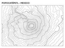 Topographic contour map of Popocatepetl volcano in Mexico with central crater and steep elevation gradients. Contour lines terrain background. vector