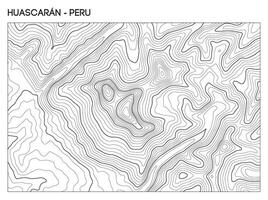 Topographic contour map of Huascaran mountain in Peru showing peak elevation and rugged Andean terrain. Contour lines terrain background. vector