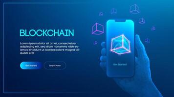 Blockchain 3D block on smartphone digital neon background. Chain data app crypto cube mobile fintech technology. Software economy concept bitcoin wallet tech future analytics cyber content. vector