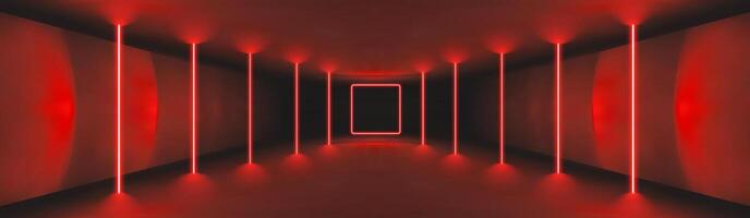 Futuristic red neon tunnel with glowing vertical lights and square portal in dark sci-fi corridor. Red casino background. Illustration. vector
