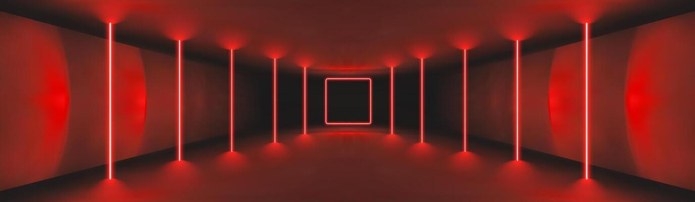 Futuristic red neon tunnel with glowing vertical lights and square portal in dark sci-fi corridor. Red casino background. Illustration.