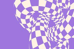 Abstract optical illusion with twisted checkered tubes in purple and beige. Geometric 3D effect creating a surreal, distorted visual pattern with warped motion and dynamic depth. vector