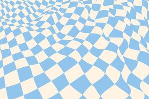 Abstract optical illusion with a blue and cream checkered pattern. Wavy geometric design creating a surreal and hypnotic effect, featuring a distorted checkerboard surface with flowing curves, ideal vector