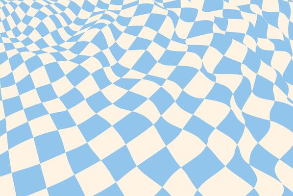 Abstract optical illusion with a blue and cream checkered pattern. Wavy geometric design creating a surreal and hypnotic effect, featuring a distorted checkerboard surface with flowing curves, ideal