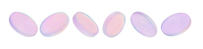 3D holographic coins with glass effect floating. Chrome holographic badge and crystal disk shine in neon purple light. Soft iridescent pastel disks floating in sequence on white background. vector
