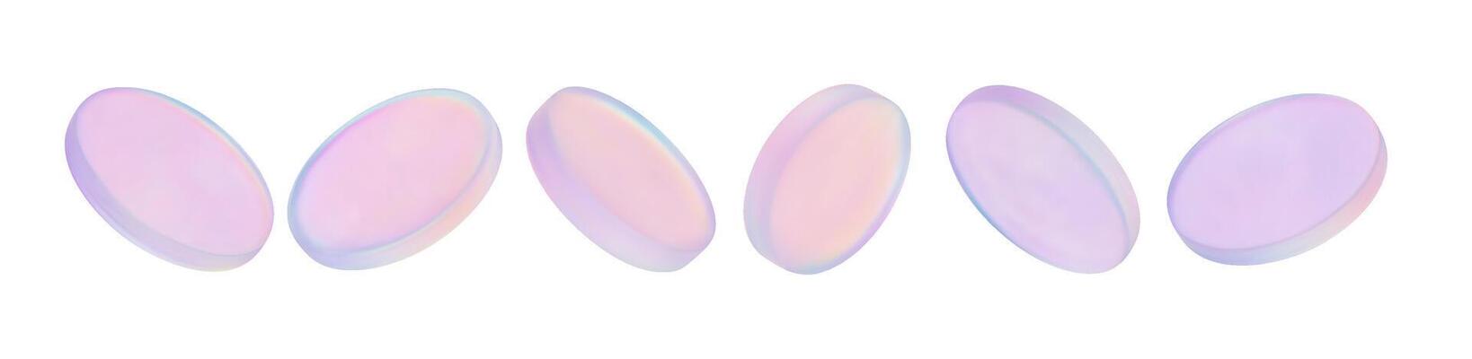 3D holographic coins with glass effect floating. Chrome holographic badge and crystal disk shine in neon purple light. Soft iridescent pastel disks floating in sequence on white background.