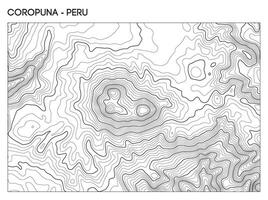 Topographic contour map of Coropuna volcano in Peru featuring cratered summit and rugged Andean elevation. Contour lines terrain background. vector