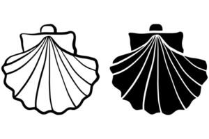 Hand draw outline silhouette seashell icon set isolated on white background. Hand drawn marine shell in monochrome line art style. Perfect for minimalist design, nature-themed prints, tattoo ideas, vector
