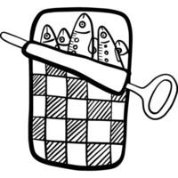 Black and white drawing of sardine can. Open sardine can with fish inside and a key opener, featuring a checkered design. vector