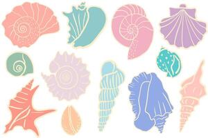 Set of colorful ink seashell illustrations. Cute hand drawn marine collection in soft pastel colors. Includes various seashells in playful shapes and delicate tones. Perfect for summer design vector