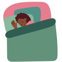Woman sleeping peacefully. Flat style illustration representing rest, relaxation, healthy sleep, and bedtime routine. vector