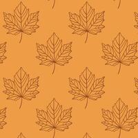 Seamless maple leaf pattern on yellow background. Autumn maple leaves arranged in a seamless repeat pattern with a bold yellow background, perfect for seasonal design. Fall line art of foliage. vector