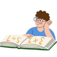 Child learning math from a workbook illustration. Child studying mathematics from a book, focused on solving basic arithmetic equations. vector