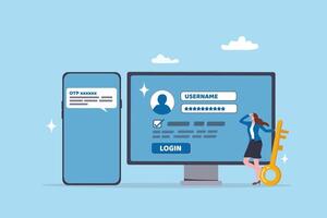 One time password, OTP on double security to login or sign in to internet account, safety or protection for software accessibility, privacy, login with computer and OTP password on mobile phone. vector