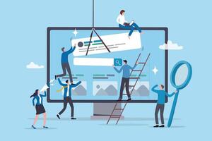 Teamwork develop website, building software or application project, team planning or website optimization, digital collaboration concept, business people team help build website on computer monitor. vector