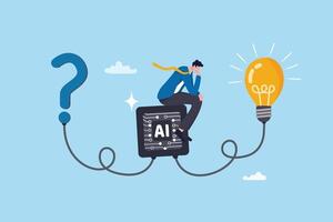 Artificial Intelligence, AI to help solving problem, innovation to develop idea, solution or automation, AI support or advice concept, businessman on AI chip help solving problem with lightbulb idea. vector
