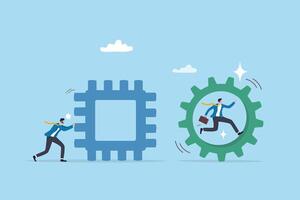 Efficient way to win business, creativity or effort to improvement, solution or challenge to overcome, progress or productive concept, businessman riding circle cogwheel to win business competition. vector