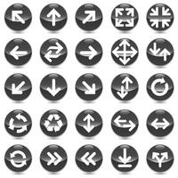 Arrow icon set. Arrow. Collection different arrow signs on black shiny ball. Different arrow on direction symbols in 3d style. vector